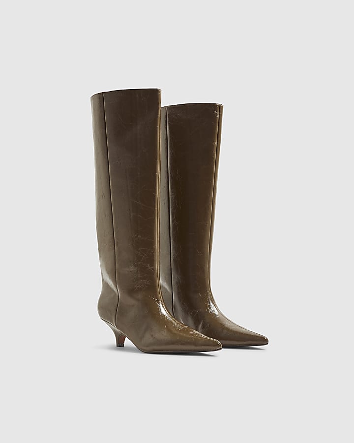 Khaki Curved Heel Knee High Boots