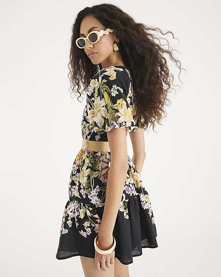 Black Floral Short Sleeve Belted Mini Dress