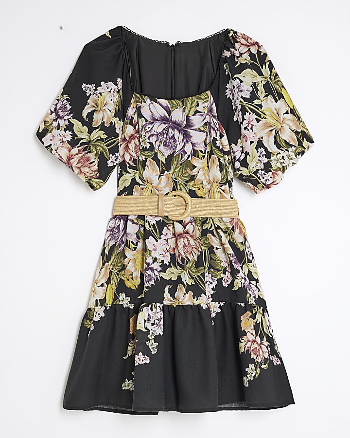 Black Floral Short Sleeve Belted Mini Dress