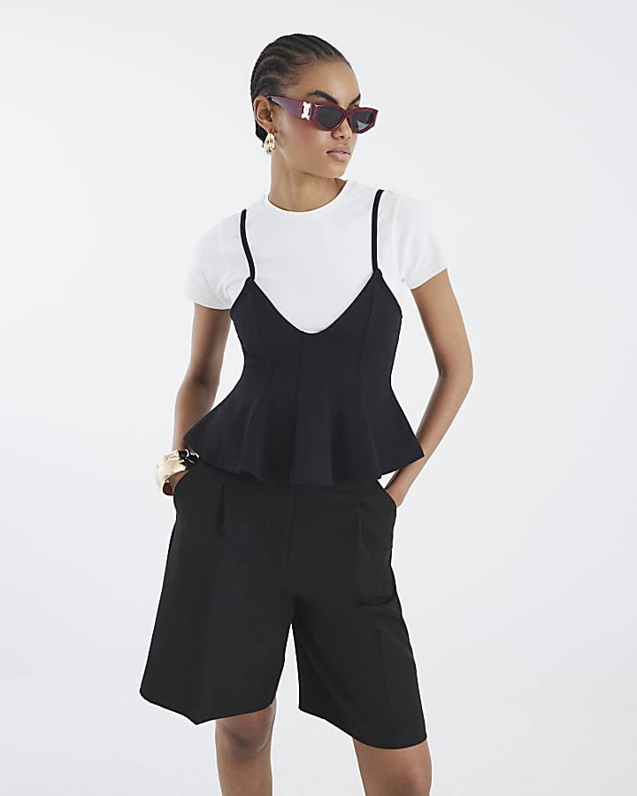 White Short Sleeve Peplum Cami Hybrid Top