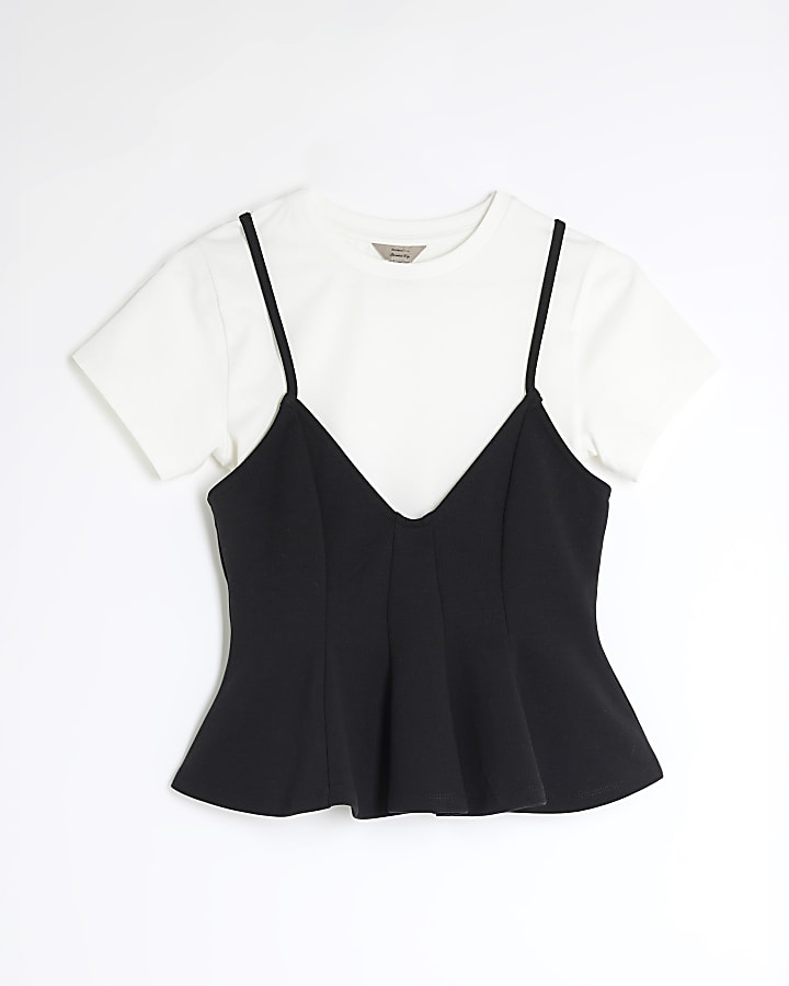 White Short Sleeve Peplum Cami Hybrid Top