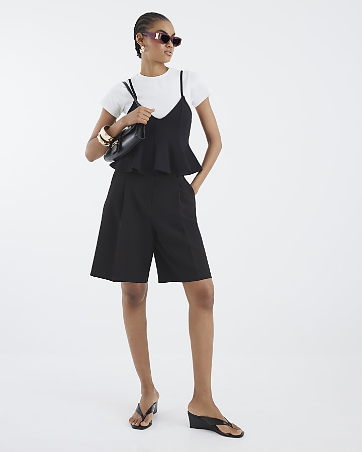 White Short Sleeve Peplum Cami Hybrid Top