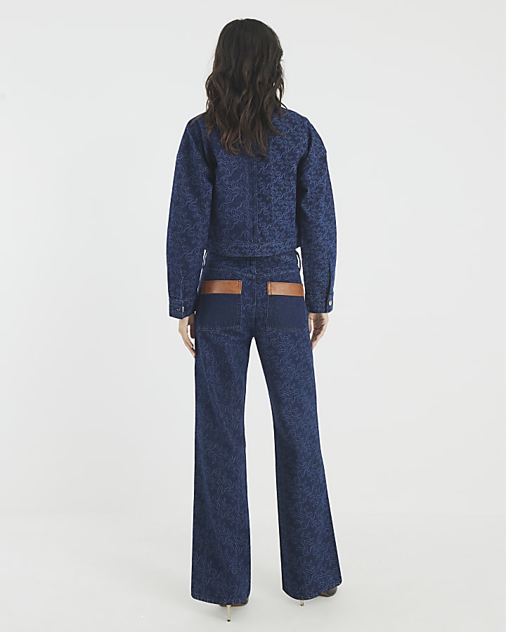 Blue Relaxed Straight Monogram Print Jeans