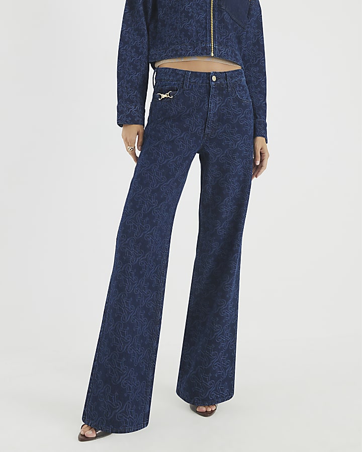 Blue Relaxed Straight Monogram Print Jeans