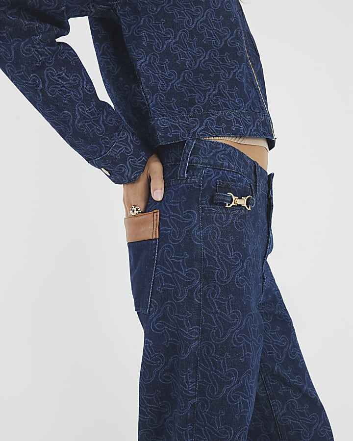 Blue Relaxed Straight Monogram Print Jeans