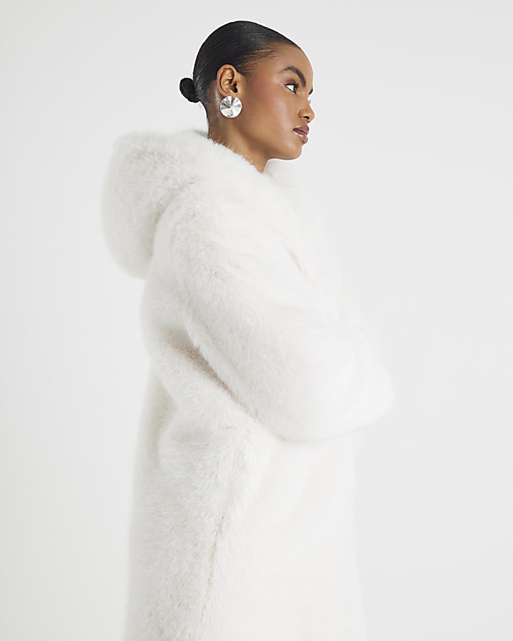 Cream Faux Fur Hooded Long Sleeve Coat