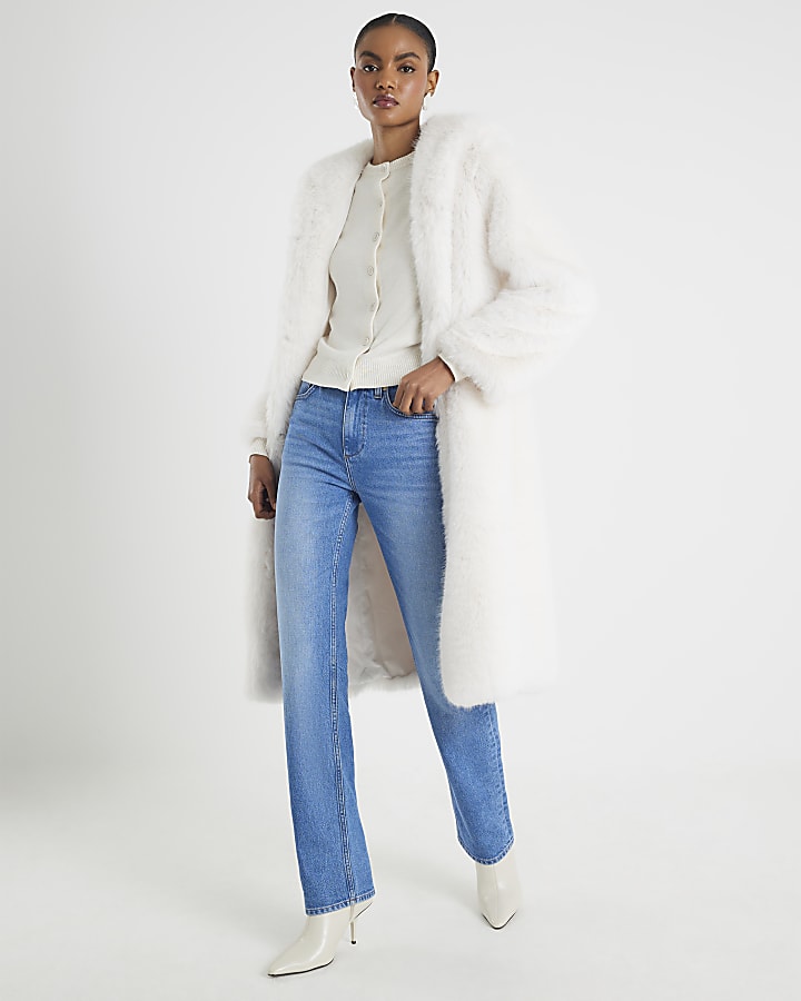 Cream Faux Fur Hooded Long Sleeve Coat