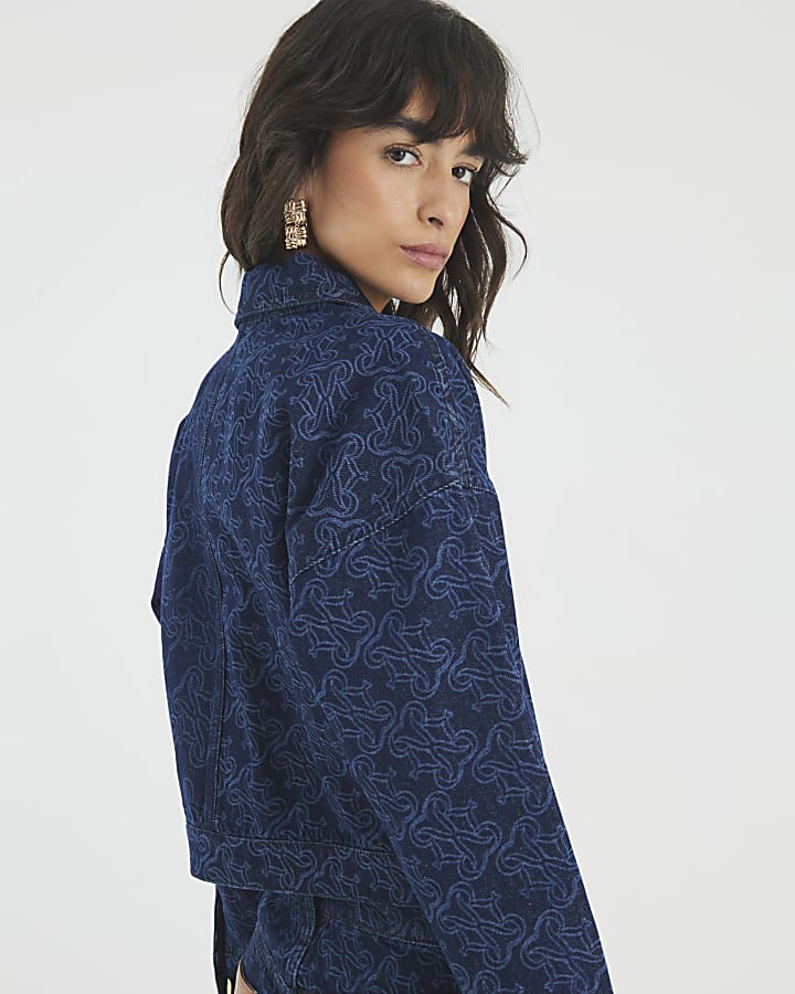 Blue Denim Monogram Print Jacket