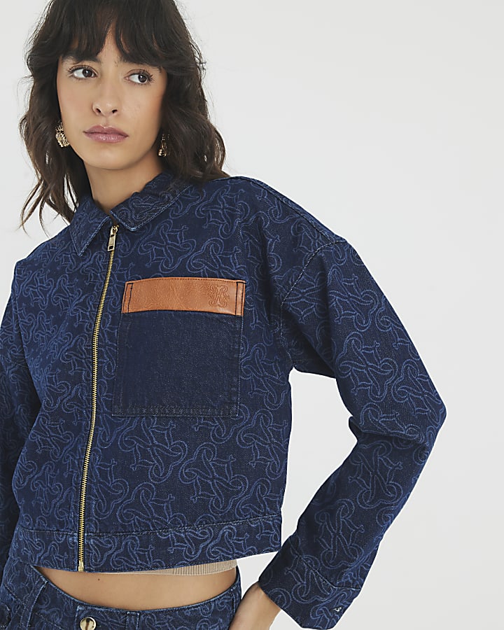 Blue Denim Monogram Print Jacket