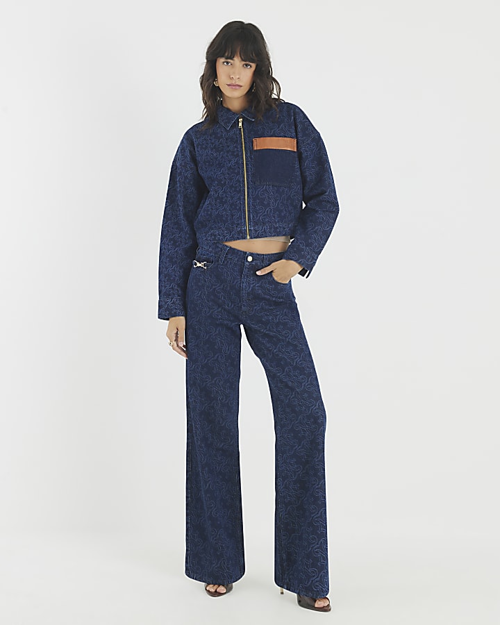 Blue Denim Monogram Print Jacket