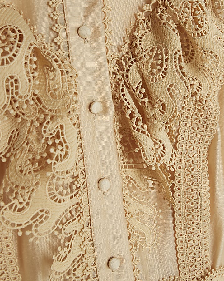 Beige Long Sleeve Ruffle Front Playsuit