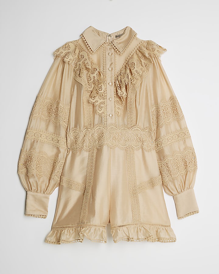 Beige Long Sleeve Ruffle Front Playsuit