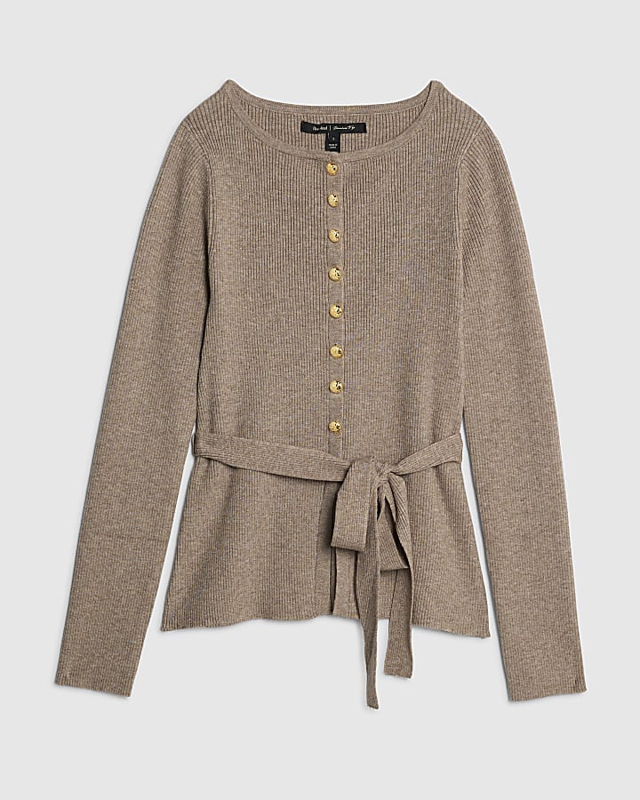 Beige Knitted Tie Waist Cardigan