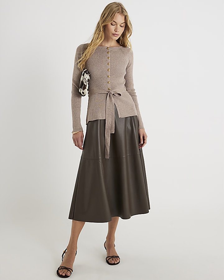 Beige Knitted Tie Waist Cardigan