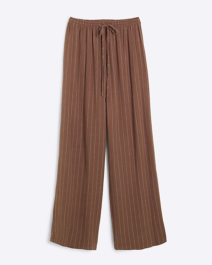 Brown Linen Blend Stripe Trousers