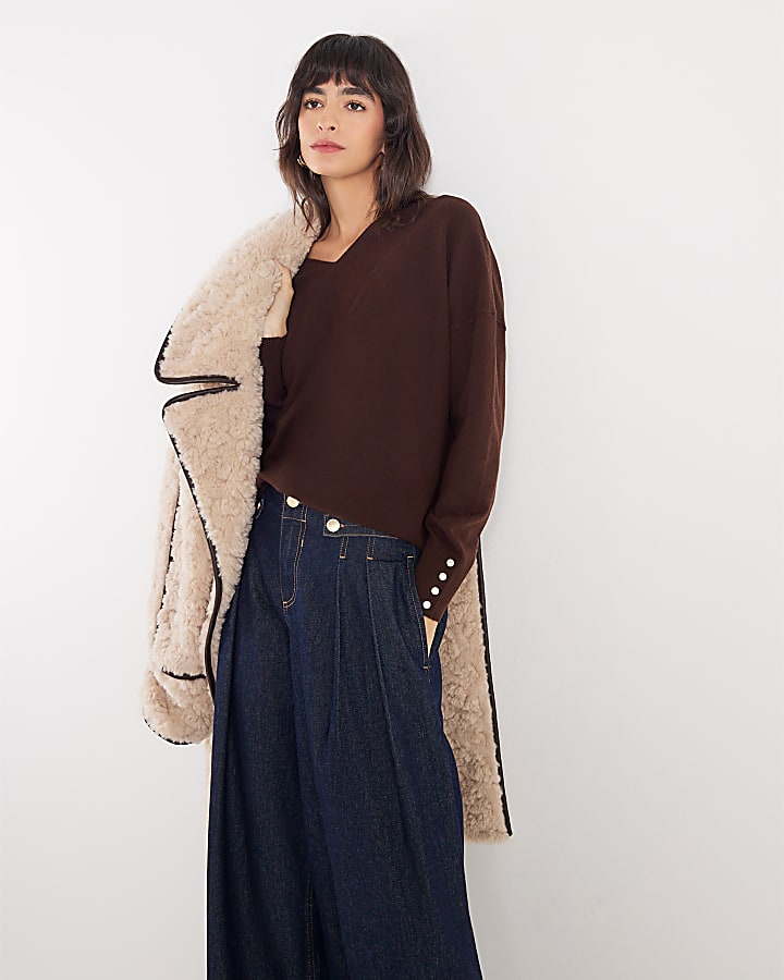 Brown High V neck Jumper