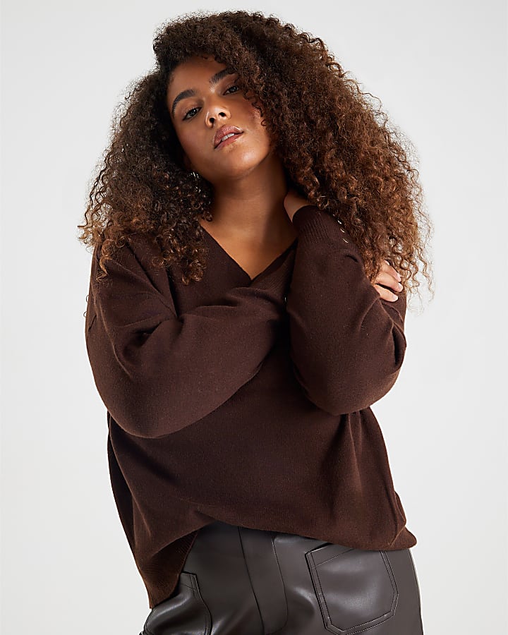 Brown High V neck Jumper