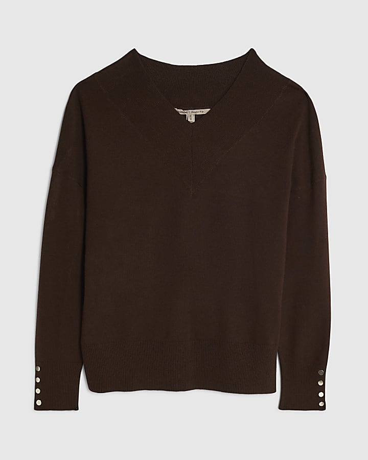 Brown High V neck Jumper