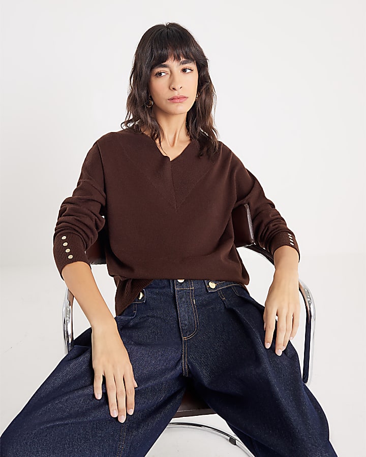 Brown High V neck Jumper