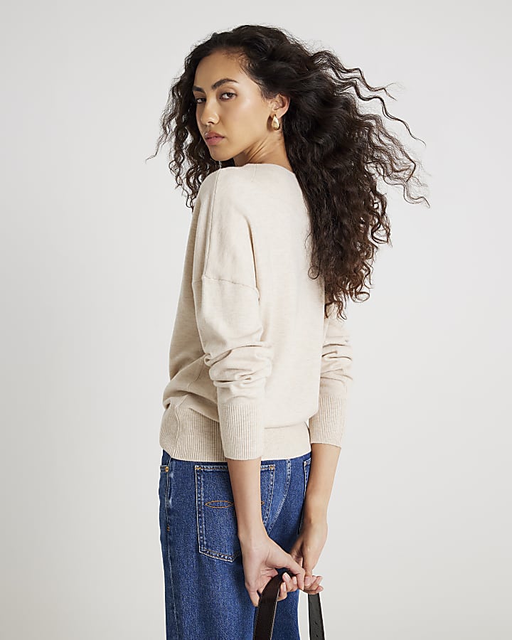 Beige Knitted High V Neck Jumper