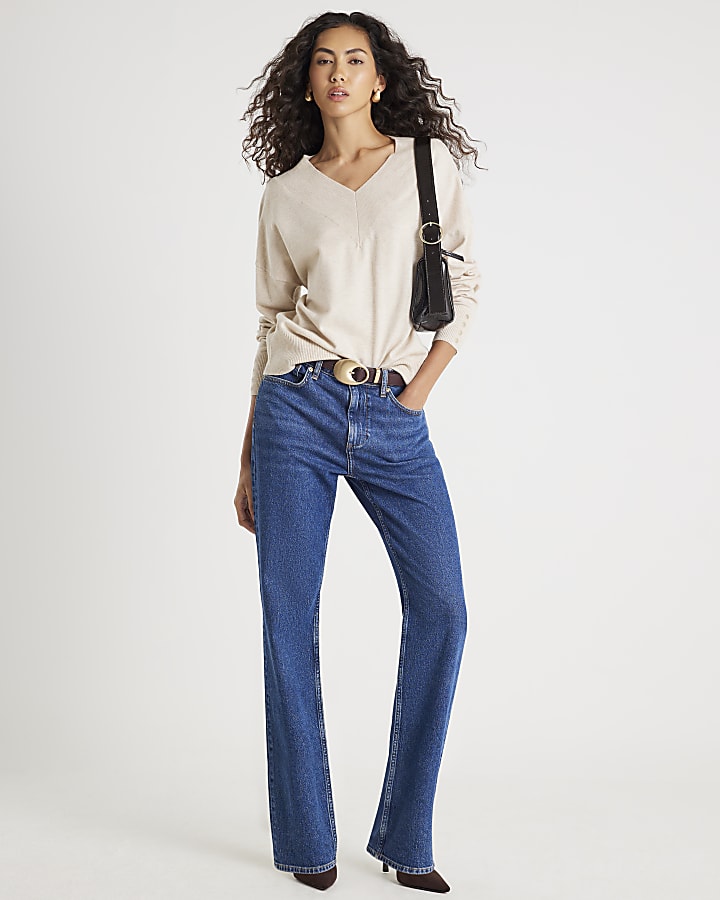 Beige Knitted High V Neck Jumper