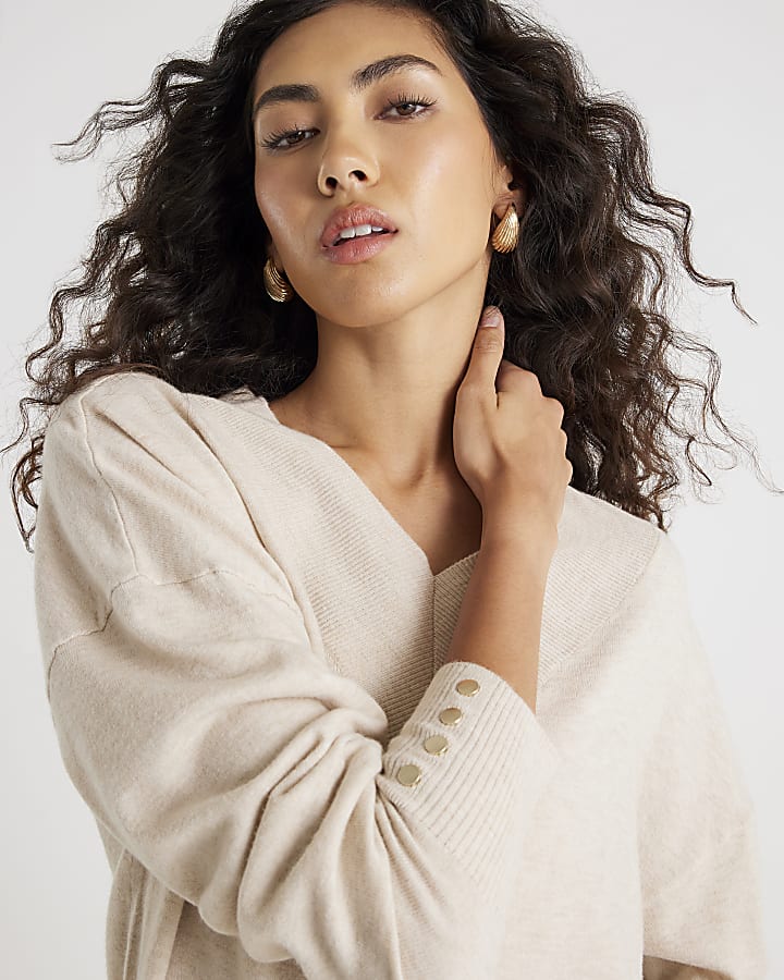 Beige Knitted High V Neck Jumper