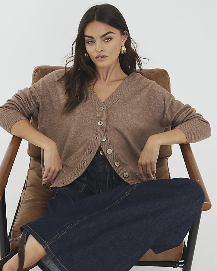 Brown V-Neck button Cardigan