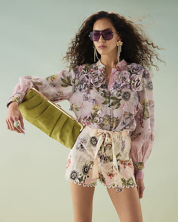 Pink 3D Floral Shorts