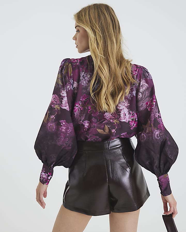 Purple 3D Floral Long Sleeve Blouse