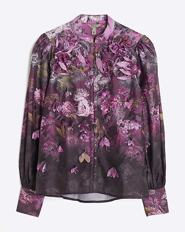 Purple 3D Floral Long Sleeve Blouse