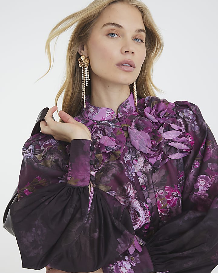 Purple 3D Floral Long Sleeve Blouse