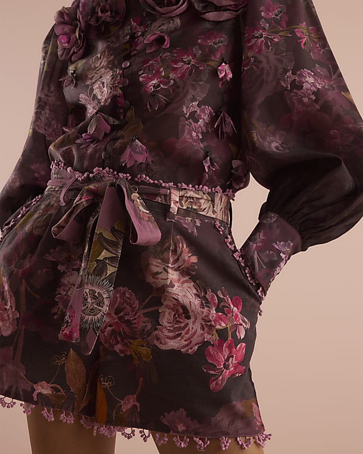 Purple Dark Floral Belted Shorts
