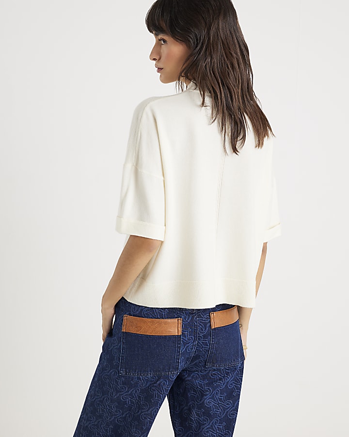 Cream Knitted Turn Back Cuff Top