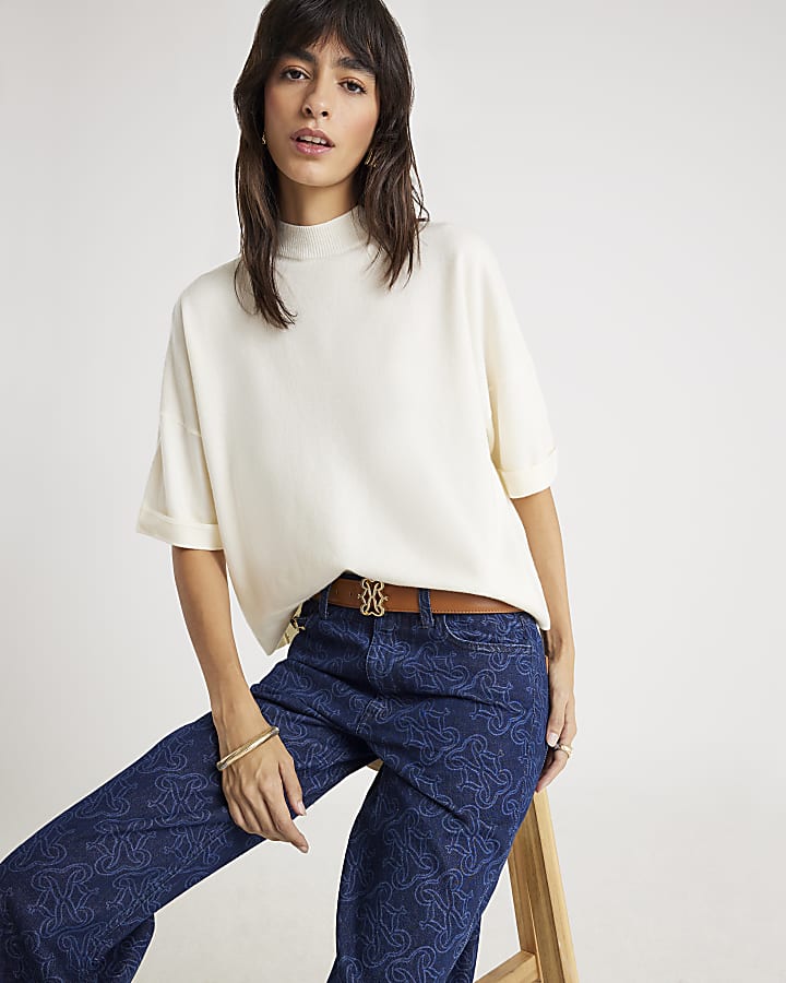 Cream Knitted Turn Back Cuff Top