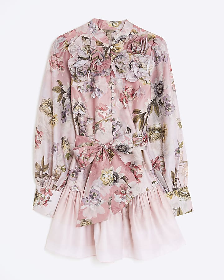 Pink 3D Floral Belted Mini Dress