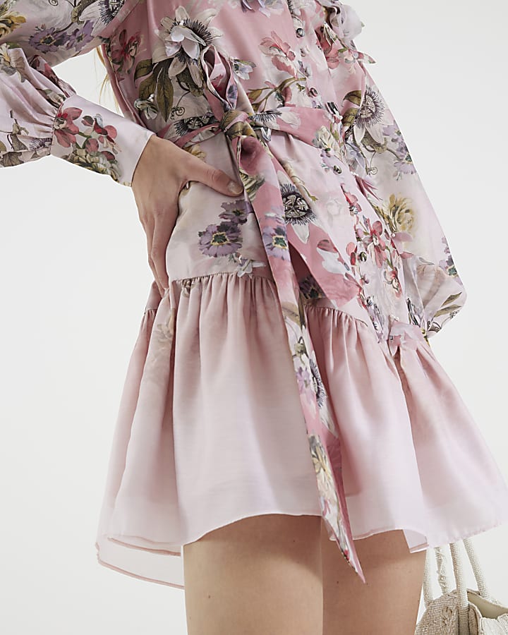 Pink 3D Floral Belted Mini Dress