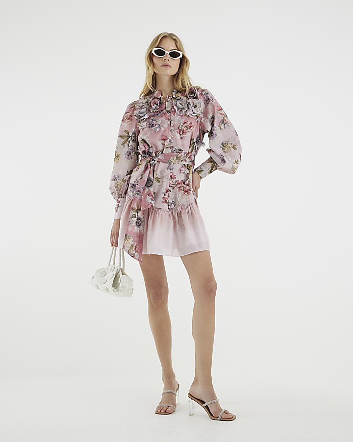 Pink 3D Floral Belted Mini Dress