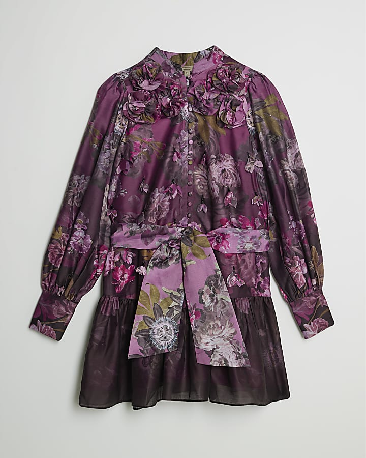 Purple 3D Floral Belted Mini Dress