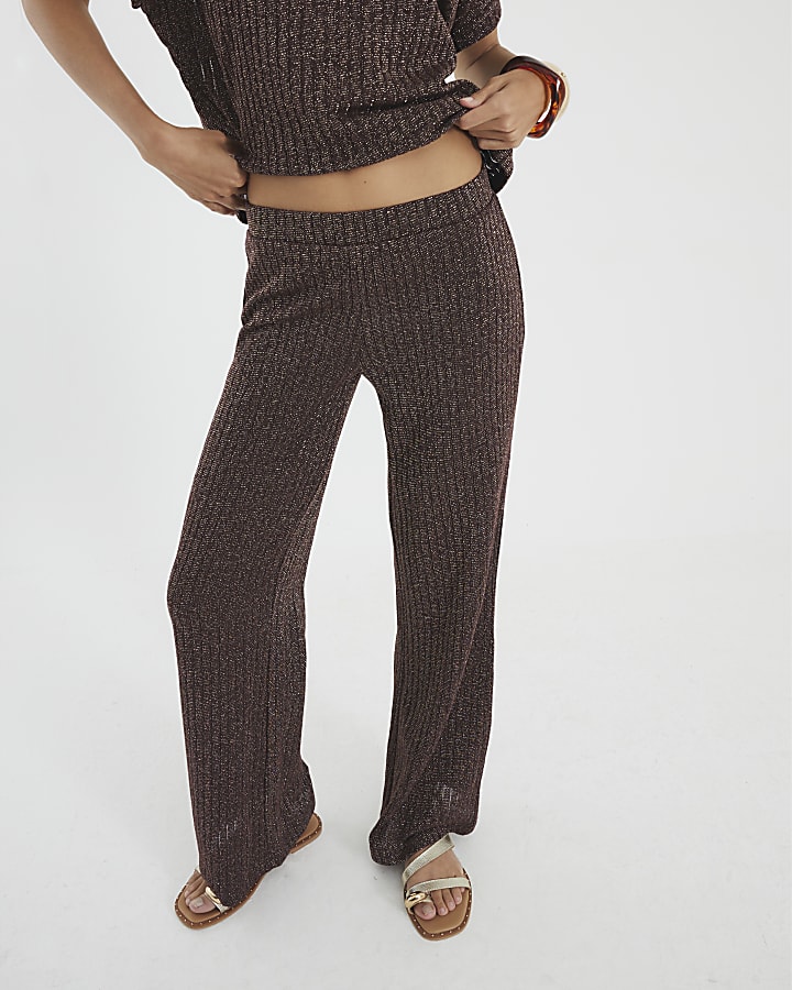 Brown Lurex Ribbed Wide Leg Trousers