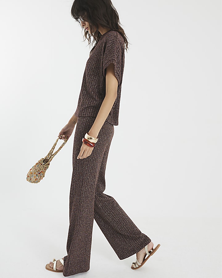 Brown Lurex Ribbed Wide Leg Trousers