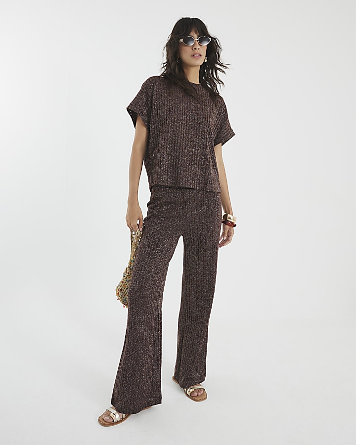 Brown Lurex Ribbed Wide Leg Trousers