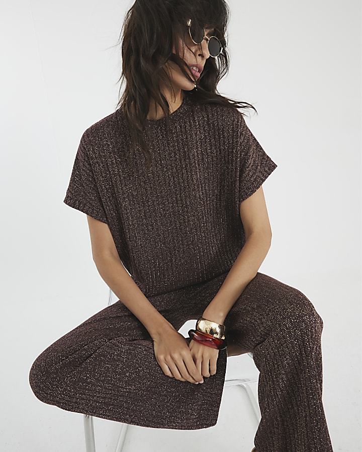 Brown Lurex Ribbed Wide Leg Trousers