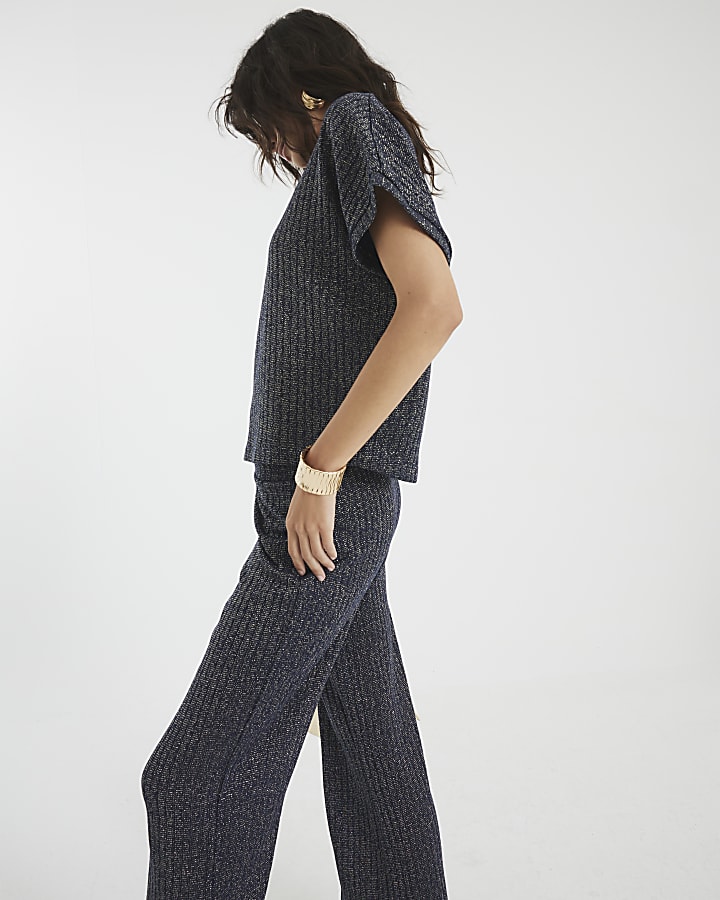 Navy Lurex Ribbed Wide Leg Trousers