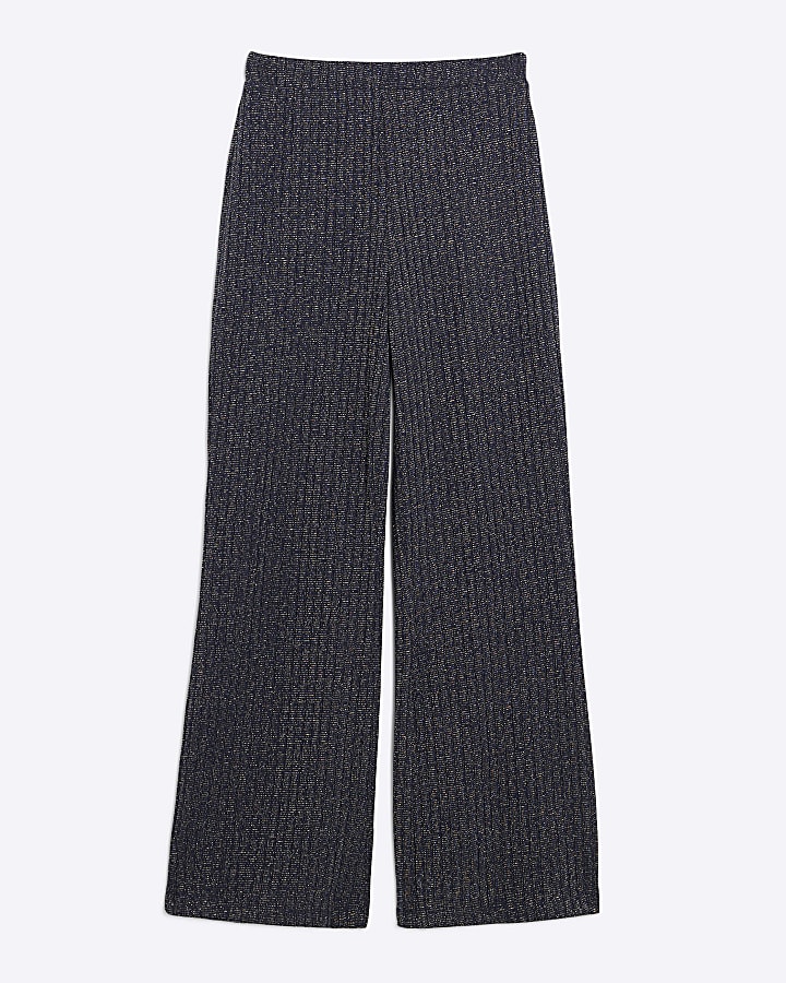 Navy Lurex Ribbed Wide Leg Trousers