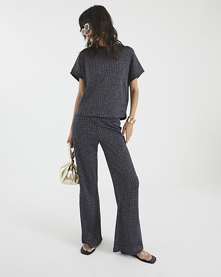 Navy Lurex Ribbed Wide Leg Trousers