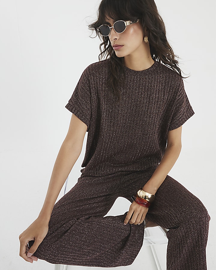 Brown Lurex Ribbed T-Shirt