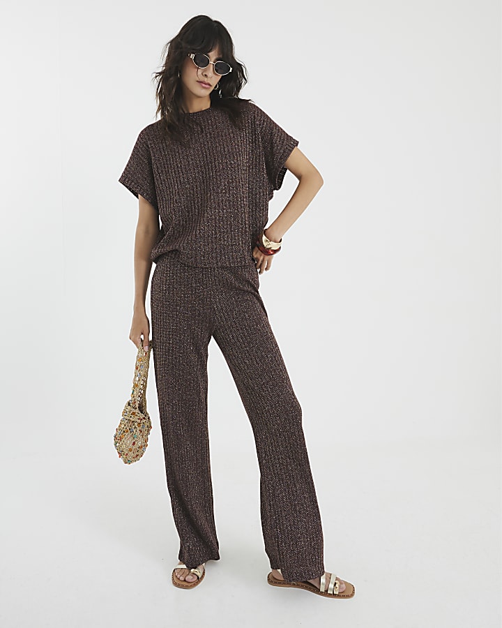Brown Lurex Ribbed T-Shirt