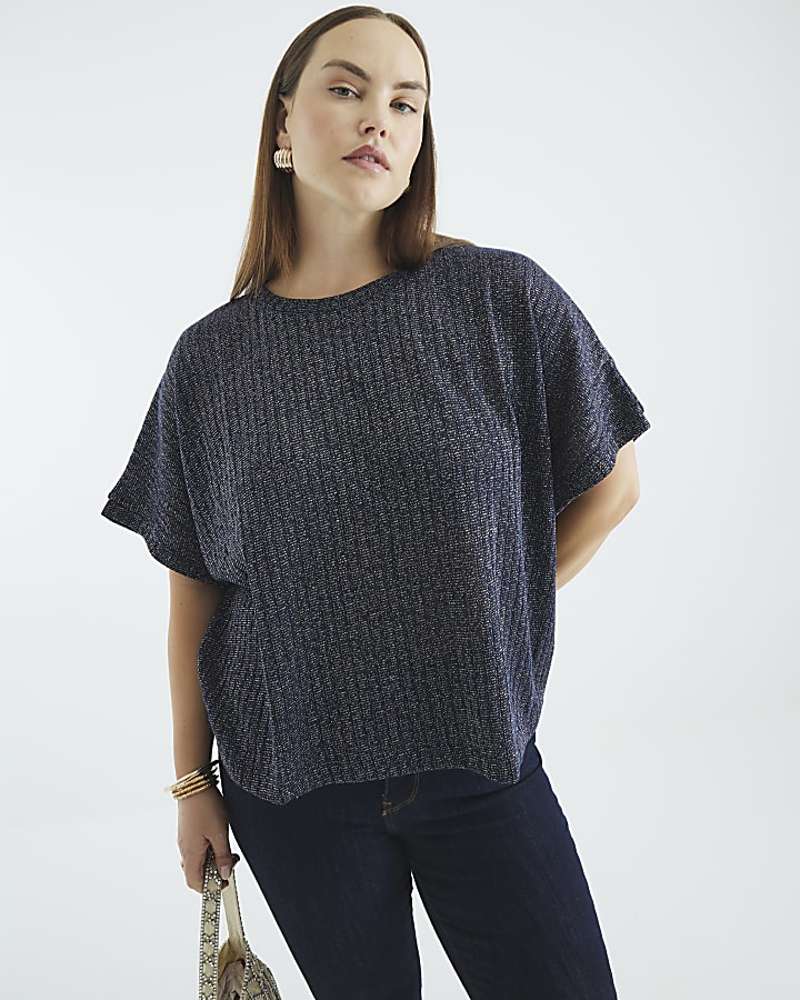 Navy Lurex Ribbed T-Shirt