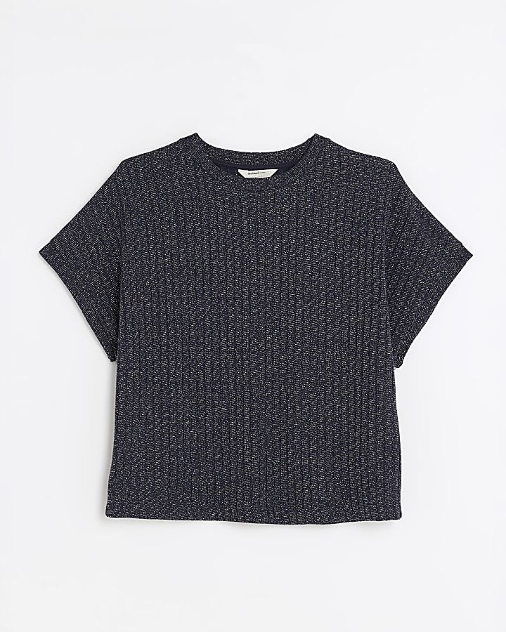 Navy Lurex Ribbed T-Shirt