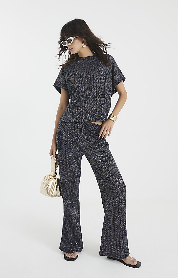 Navy Lurex Ribbed T-Shirt